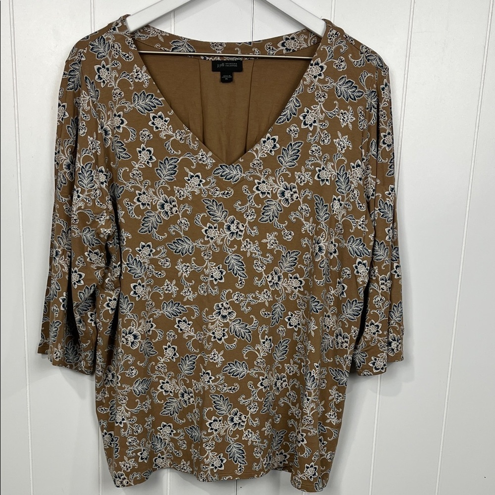 J. Jill Womens Pullover Tunic XL Navy Tan Caramel Floral 3/4 Sleeves Back Pleat